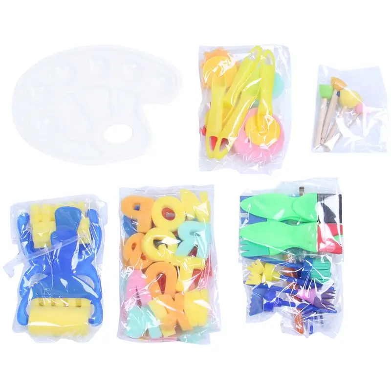 

HOT-53 Pieces Sponge Paint Brushes Set Kids Early Learning Drawing Tools Sponge Brushes + Palette Paint Brushes Set for Art Cr