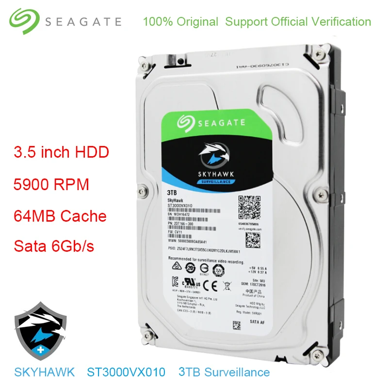 Новый внутренний жесткий диск Seagate 3 ТБ HDD Skyhawk для видеонаблюдения 5 дюйма 5900