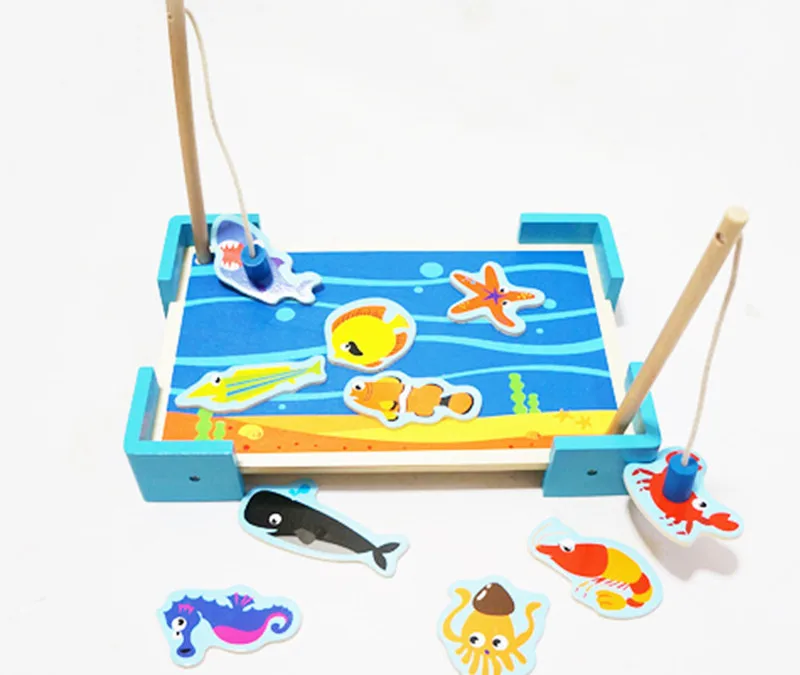 

New wooden toy kitten double pole magnetic wooden fishing children educational play toys wooden blocks baby gift free shipping