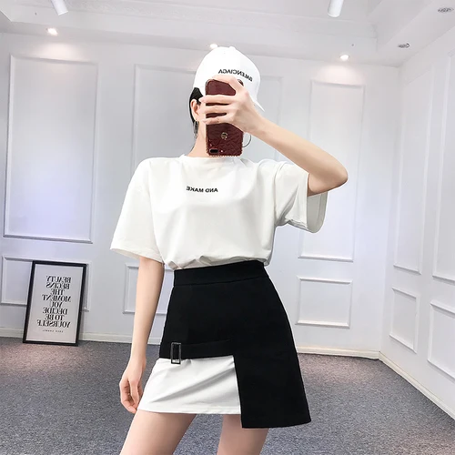 

Summer Casual 2 Piece Set Women Pullover Short Sleeves Tops Printed Letters Above Knee Mini Irregular Skirts Brief