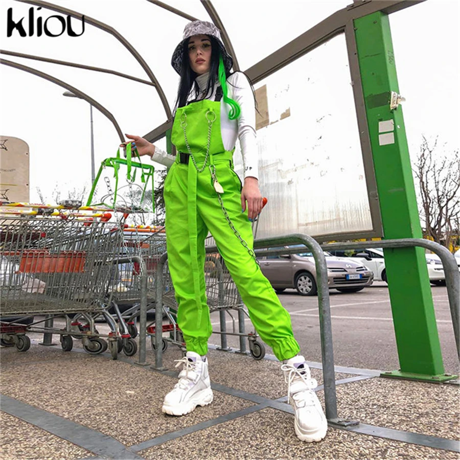 

Kliou new overalls women pants full length with Metal chains 2019 fashion street pockets button zipper on side trousers outfit