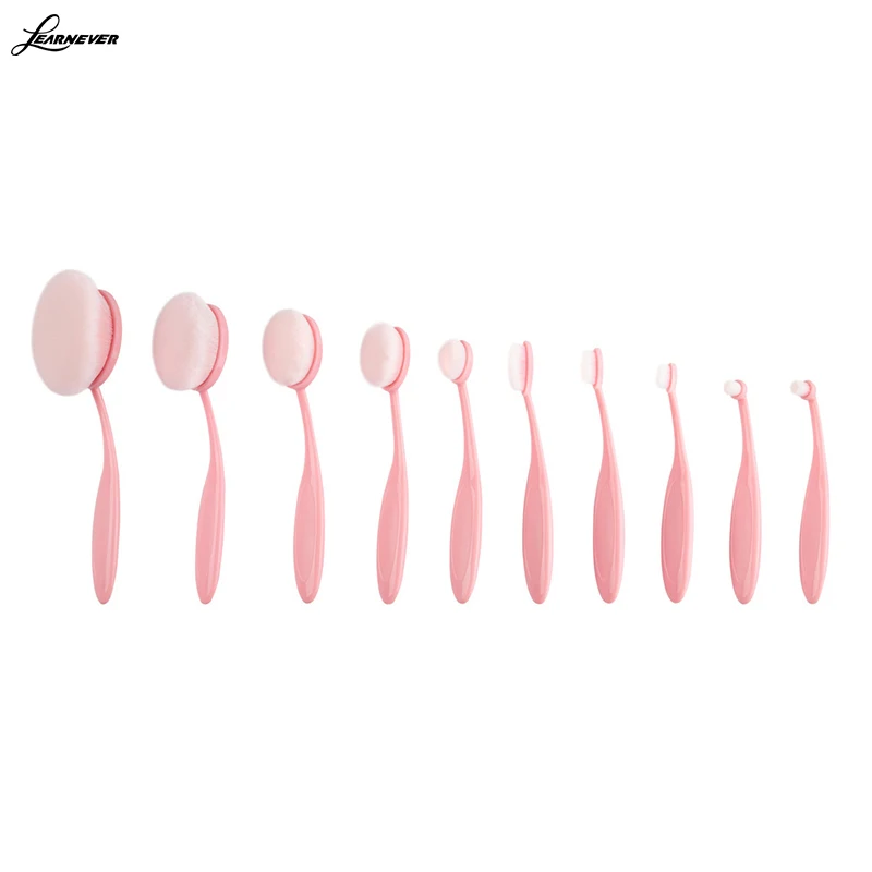 

LEARNEVER 10 PCS Cute Pink Professional Toothbrush shape Eyebrow Foundation Power Face Eyeliner Lip Oval Cream Puff Brushes