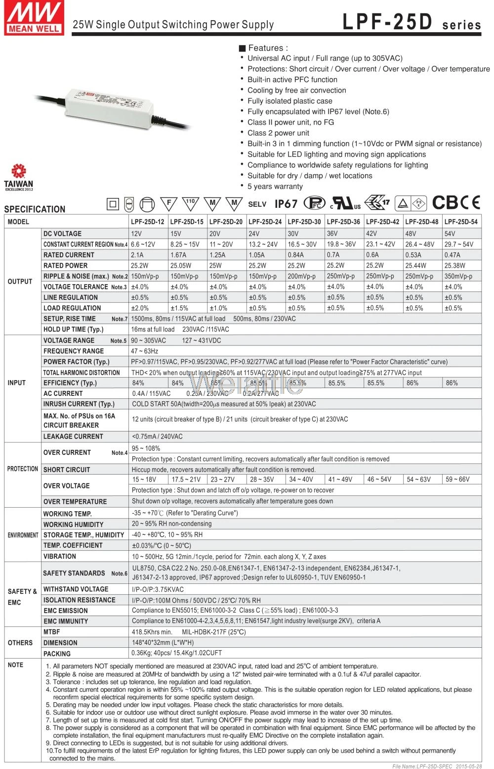 MEAN WELL LPF-25D-54 54V 0.47A meanwell LPF-25D 54V 25,38 W одиночный выход Светодиодный импульсный источник питания