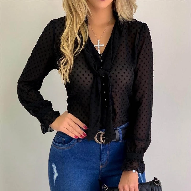 Women Sexy Polka Dot Tops Blouses Autumn Elegant Long Sleeve V-Neck Chiffon Blouse Spring Lady Office Work Shirts Plus Size 5XL