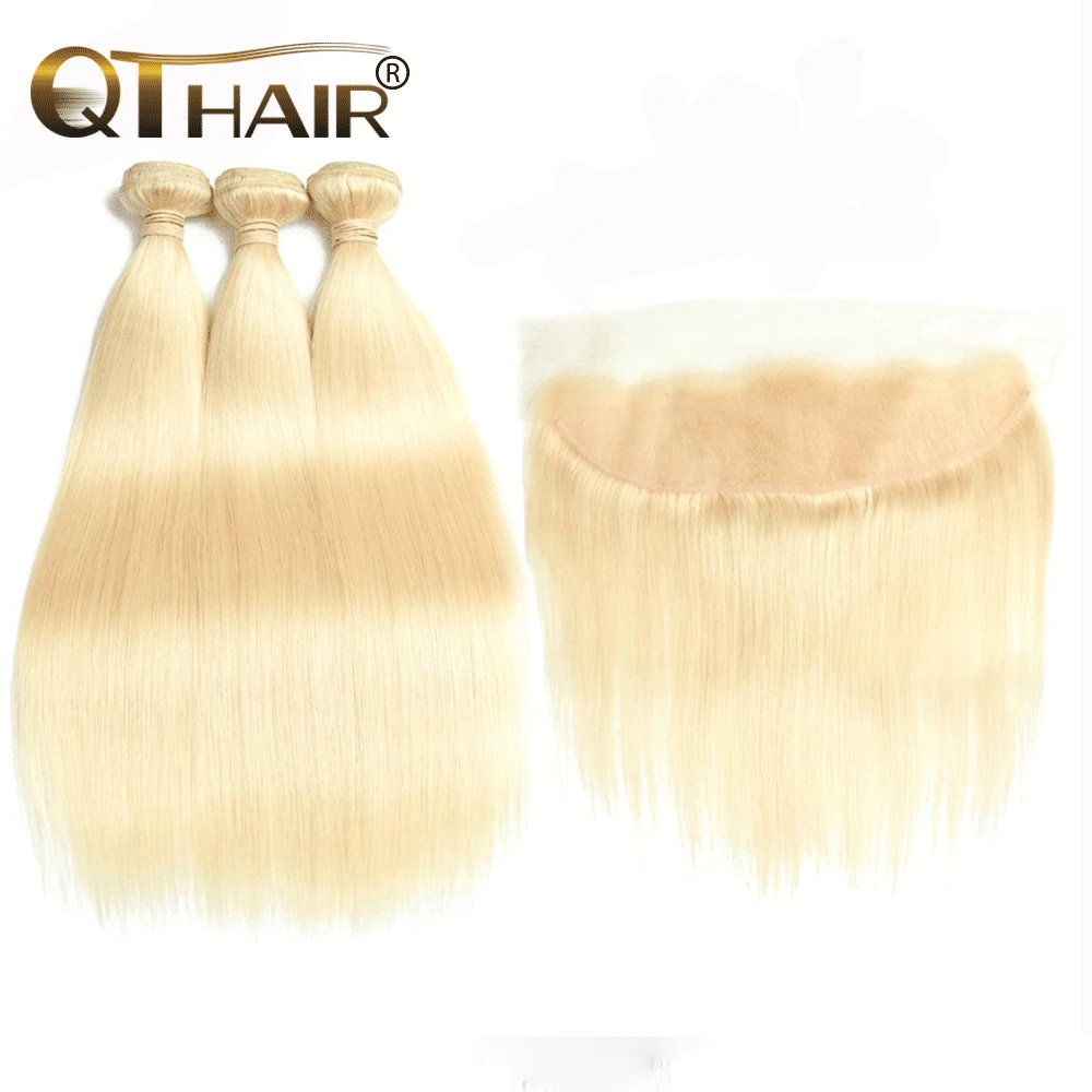 QThair Малайзия прямые 613 блондинка 3 Связки с фронтальным кружевом 100% человеческие волосы плетение пучков с фронтальным для не Реми