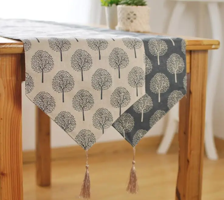 

Floral Trees Design Cotton Linen Table Runner Decoration Tablecloth Tea Table Cover With Tassel Home Textile