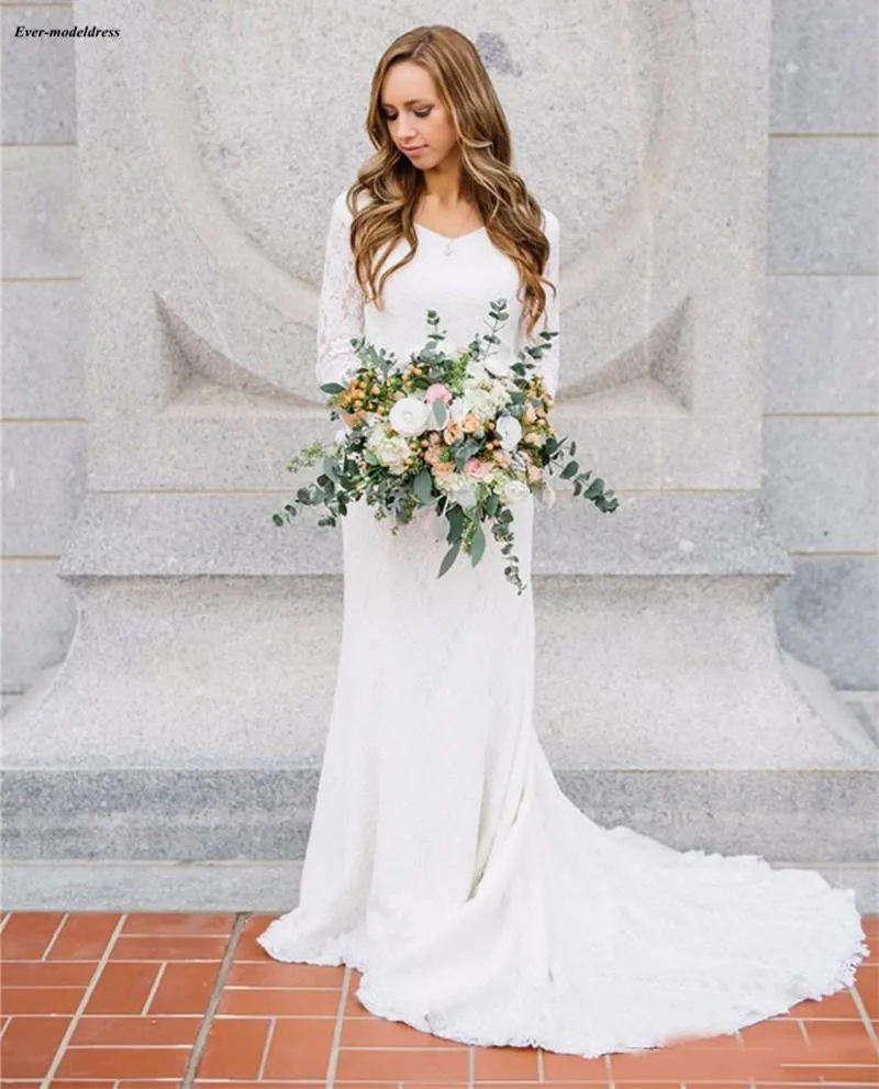 Simple lace sheath wedding dress with sleeves