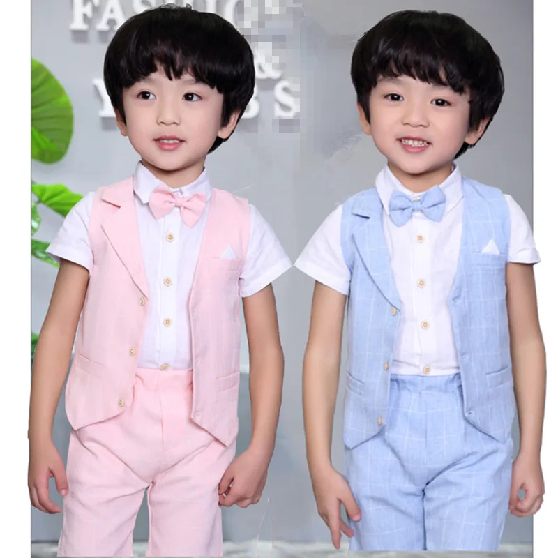 us 29 9 2017 new kids costumes for party 4 pieces vest pant shirts bowtie children suits 2 10yrs boys short sleeve suits for summer in suits from pant shirts