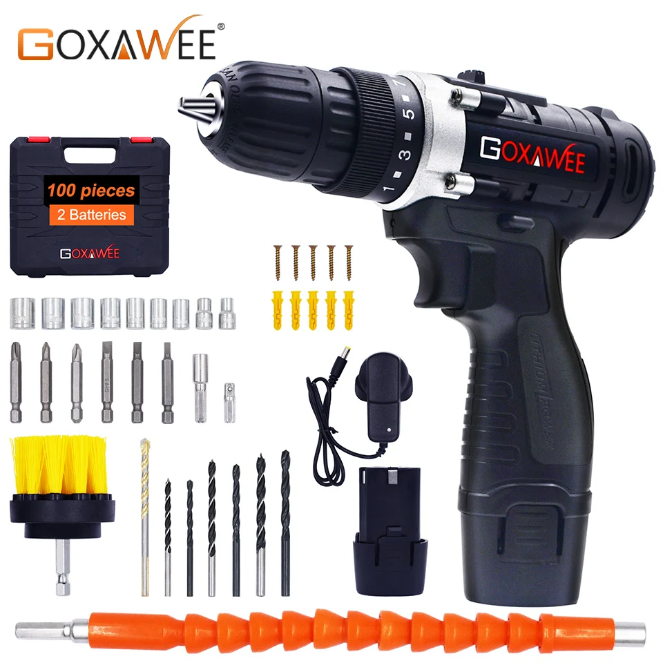 

GOXAWEE 12V Two Speed Electric Screwdriver Cordless Drill Mini Wireless Power Driver DC Lithium-Ion Battery With Carry Case
