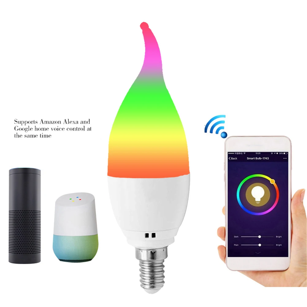 Умный светодиодный светильник E12 Base 5W RGBW совместимый с Alexa/Google Home/Siri пульт