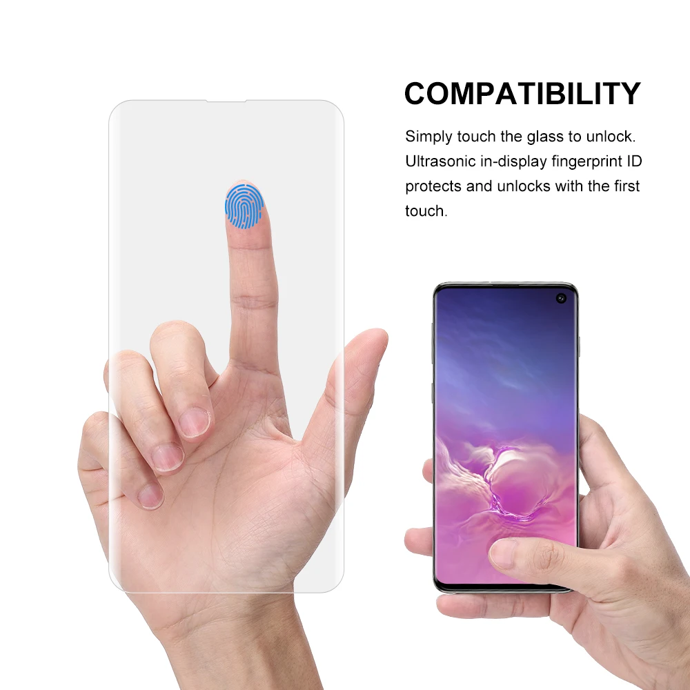 Цена Защита экрана с разблокировкой отпечатков пальцев для Samsung Galaxy S10, УФ пленка, полное покрытие для S10 + S10 5G, закаленное стекло