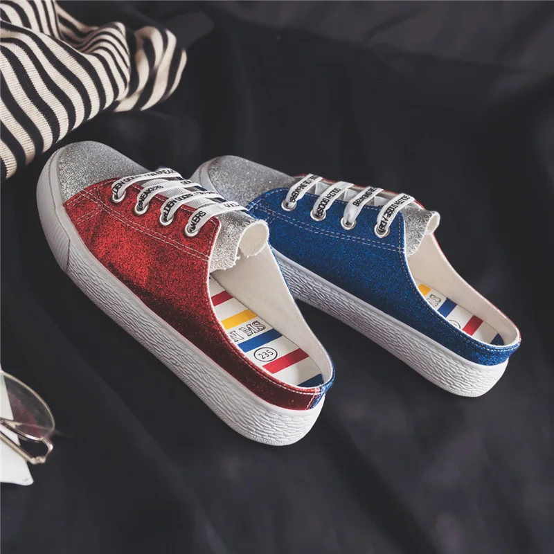 

No heel canvas shoes female Korean version of the comfortable student half slippers 2019 summer new wild flat bottom pedal lazy
