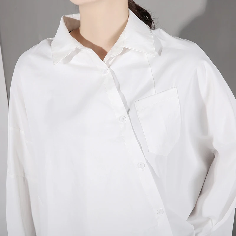 [EAM] Новинка, Осень-зима, с отворотом, длинный рукав, белая, необычная, с разрезом, свободная, большой размер, рубашка, женская блузка, мода, JS9210