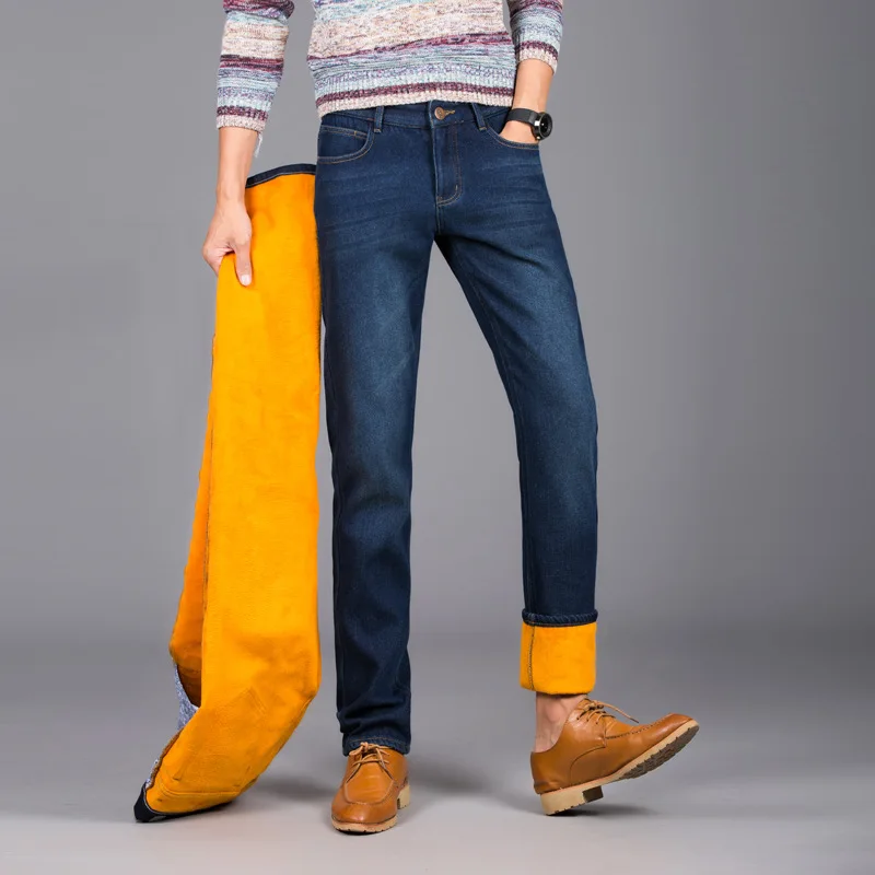 

Winter Men Jeans 2017 New Brand Mens Straight Slim Solid Business Jeans Men Thickening Cotton Casual Pants Male Plus Size 28-40