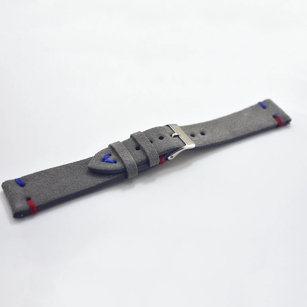Handmade Leather Comfort Gray Suede Strap 18mm/20mm/22mm Stainless Steel Buckle High Quality Red Blue Line 2018 new