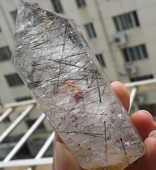 

202g NATURAL Black hairs QUARTZ CRYSTAL WAND POINT HEALING