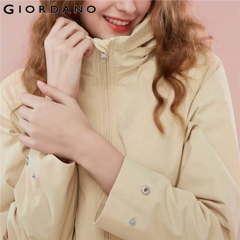Giordano Женская ветровка окольцованная Талия Скрытая капюшон Длинная стильная