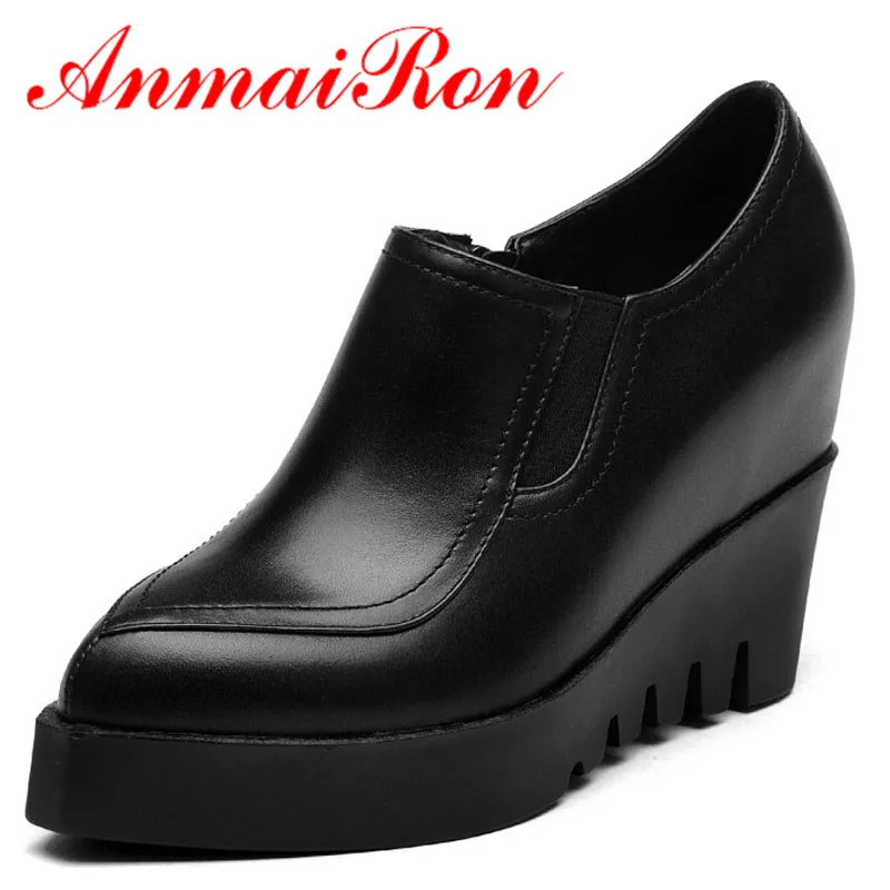 

ANMAIRON new arrive wedding pumps fashion sexy wedges high heels women pumps Full Grain Leather ladies Pointed shoes pumps woman