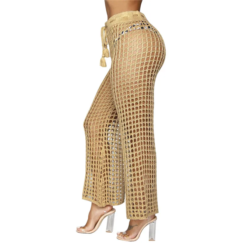 Adogirl Women Beach Flare Pants Solid Knitted Hollow Out Fishnet Wide Leg Pants High Waist Lace Up Sashes Night Club Trousers