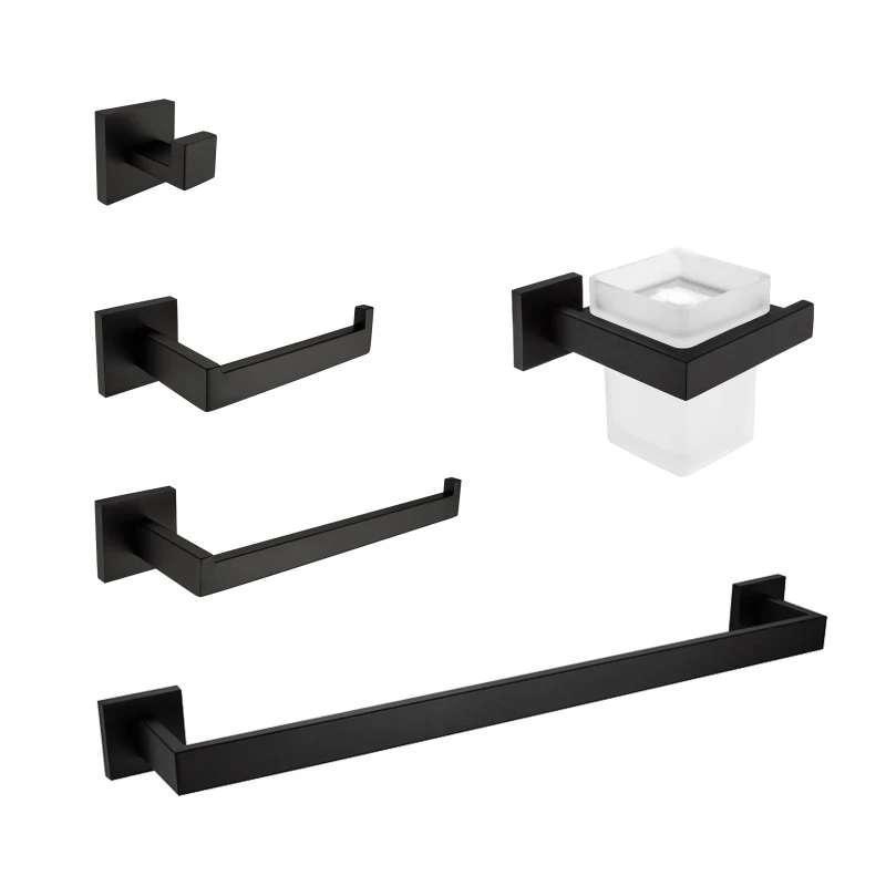 

5-Piece Bathroom Hardware Set,Black Stainless Steel Soap Dish ,tumbler Holder,towel Ring ,robe Hook and Single Towel Bar