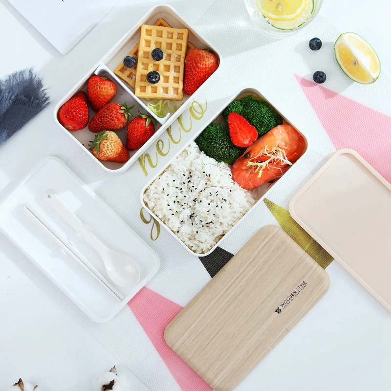 Double Layer Lunch Box Wood Grain Lid Microwave Bento Boxes Kids Food Container Storage Portable Picnic Box 1200ml Can Be Sepa