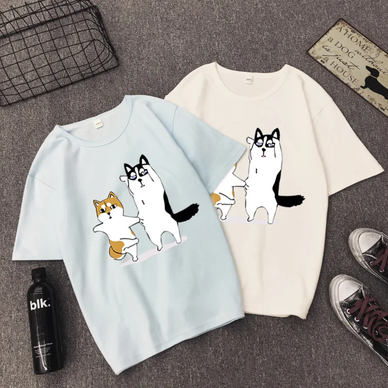 Harajuku Милая футболка с принтом танцующих собак женская летняя коротким рукавом и