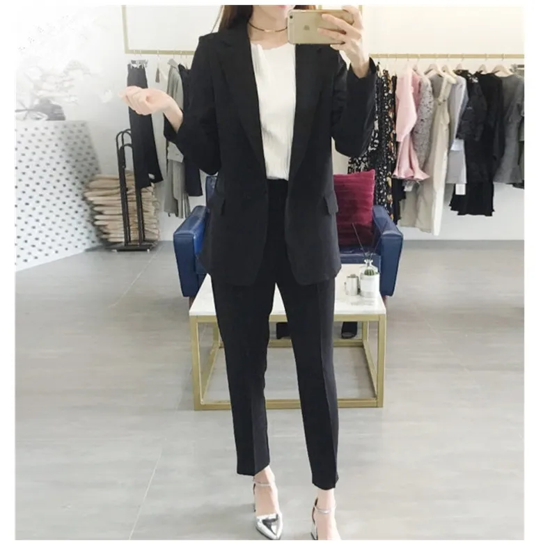 Set female 2018 autumn new temperament elegant solid color wild suit jacket + casual nine pants fashion two-piece suit