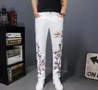 New Brand Men's Casual White Jeans Men Fashiom Flower and Bird Embroidered Trousers Slim Fit Floral Patches Pants High Quality