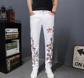 

New Brand Men's Casual White Jeans Men Fashiom Flower and Bird Embroidered Trousers Slim Fit Floral Patches Pants High Quality