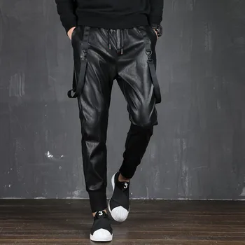 

Spring Autumn Casual personality Joggers pants Black harem mens bandage slim Faux Leather Patchwork Pencil pants