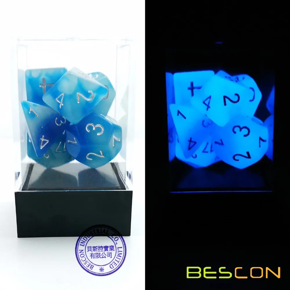 Bescon Gemini Glowing Polyhedral Dice 7pcs Set ICY ROCKS, Luminous RPG Dice Set d4 d6 d8 d10 d12 d20 d%, Brick Box Packaging 5