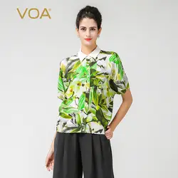 VOA короткий рукав блузка для женщин зеленый Питер Пэн colloar 34 мм толщина тяжелый шелк рубашки мальчиков Европейский Улица 3xl B7502