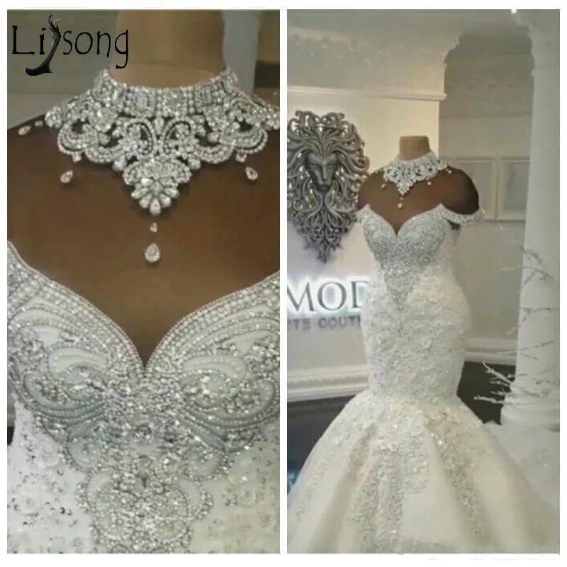 Luxury Dubai Arabic Mermaid Wedding Dresses Beading Crystals Court Train Plus Size Wedding Bridal Gowns Custom289