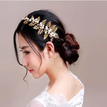 Baroque golden leaves inlaid rhinestone crystal pearl headbands women handmade bridal font b hair b font