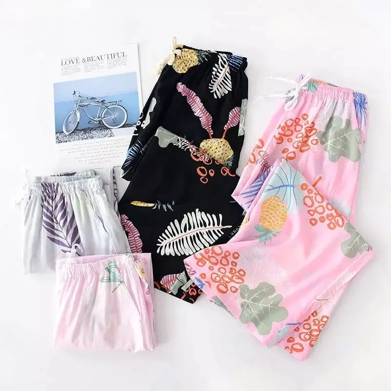New Home Pants Loose Legs Sleep Bottoms Women's Calf-Length Pants Cool Thin Breathable Cotton Trousers Female Pajama Pants