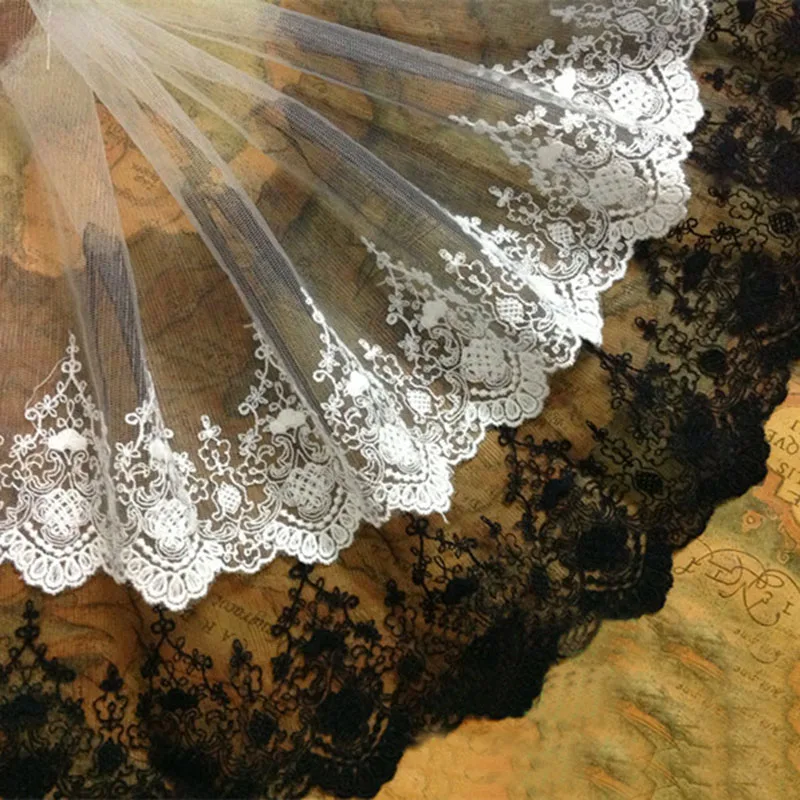 

1 yard AtSKnSK Embroidered Flower Lace Trim Fabric 18cm Wide White Black Lace DIY Handmade Clothing Accessories for Needlework