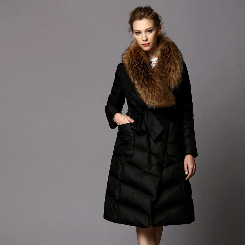 Женский пуховик 2019 длинный утолщенный роскошный Воротник из меха енота piumino donna