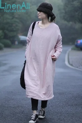 Best price at $242 Cheap LinenAll women's winter cotton-wadded dress, pale pink O-neck batwing sleeve loose long cotton-wadded dress gown LinenAll YIJIU