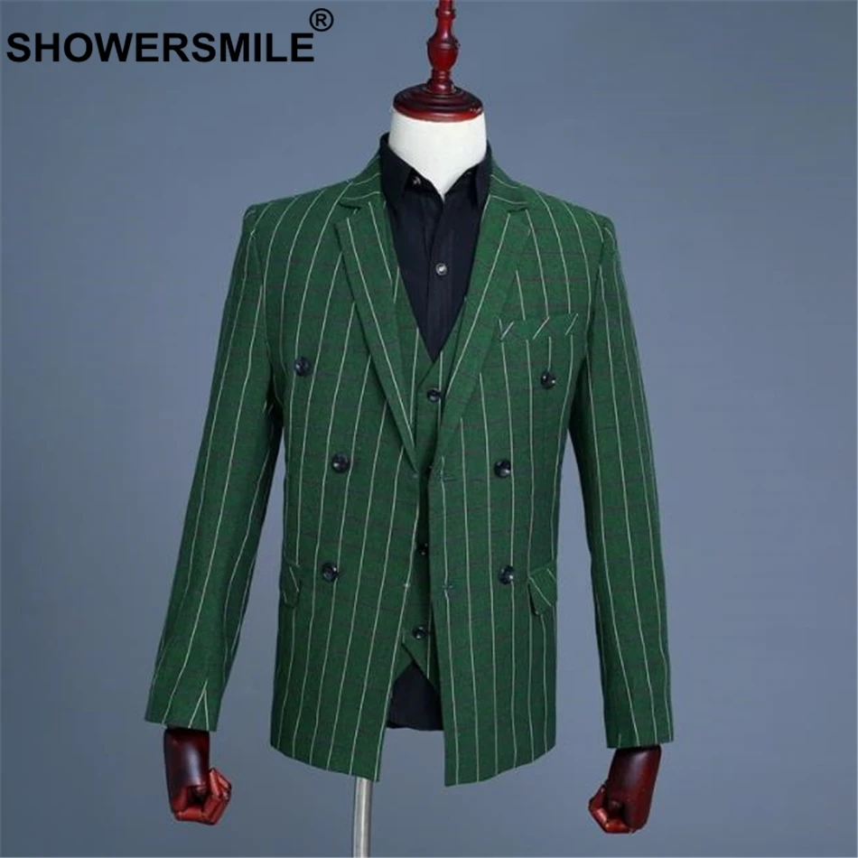 SHOWERSMILE Men Slim Fit Suits Green Striped Suit Jacket British Style Double Breasted Blazer Men Stage Costumes For Singers