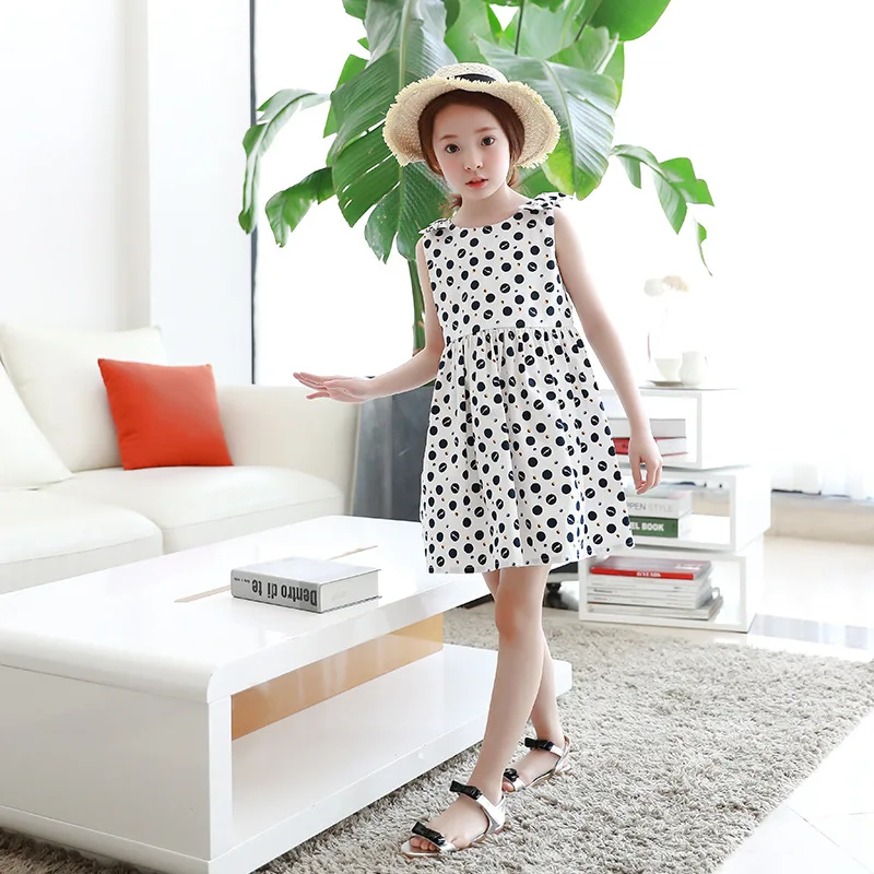 

Hot Sale Cute Girls Summer Dresses Sleeveless Beauty Princess Dress Little black dot white dress Kids Clothes Girls Dress YL05