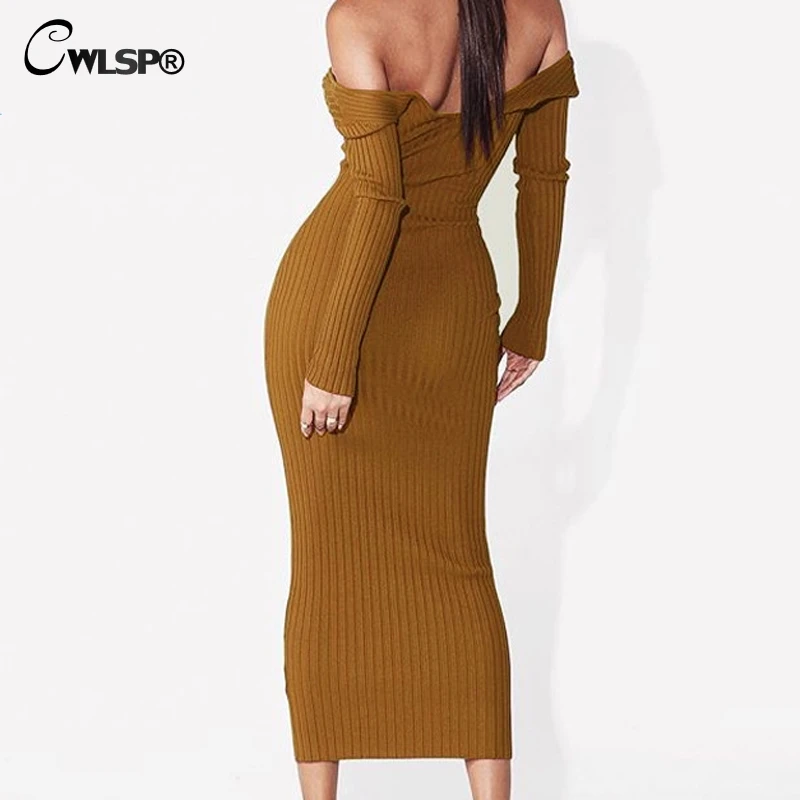 CWLSP 2018 Autumn Winter Long Ribbed V Neck Women Dress Backless Skinny Elegant Party Dress Long Dress Female Clothes QL3422
