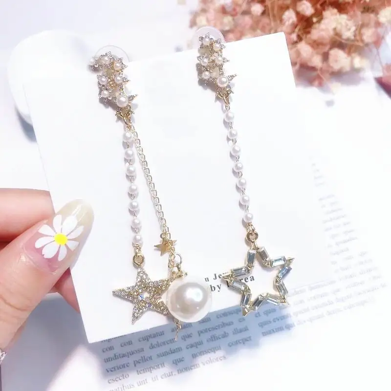 

MENGJIQIAO 2018 New Personality Big Small Star Tassels Asymmetric Earrings For Women Shiny Rhinestone Simulated Pearl Oorbellen