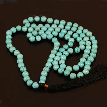 

3pcs Exclusive 108 Blue Turquose Stone Beads with Tassel Necklace Luxury Handmade Long Tassel Beads Necklace Mala Necklace