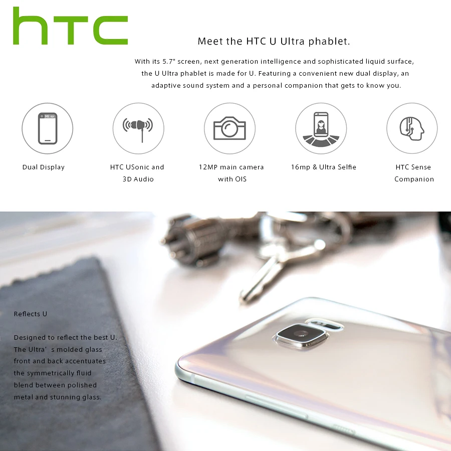 Мобильный телефон htc U Ultra, 4G LTE, Android, 4 Гб ОЗУ, 64 Гб ПЗУ, четырехъядерный процессор Snapdragon 821, 5,7 дюймов, 2560x1440, DualView