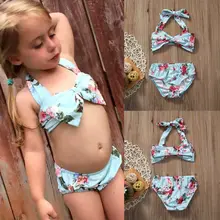 2 шт. топик на завязках для малыша, для девочки купальник с бантиком, Детские комплекты из двух предметов для девочек, купальник-бикини с цветочным принтом Купальные Костюмы купальный костюм Купальный костюм