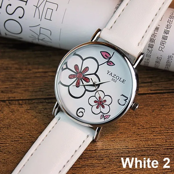 От бренда yazole женские часы модные кожаные OL Цветочные стильные женские часы кварцевые часы Montre Femme Relogio Feminino - Цвет: white white red