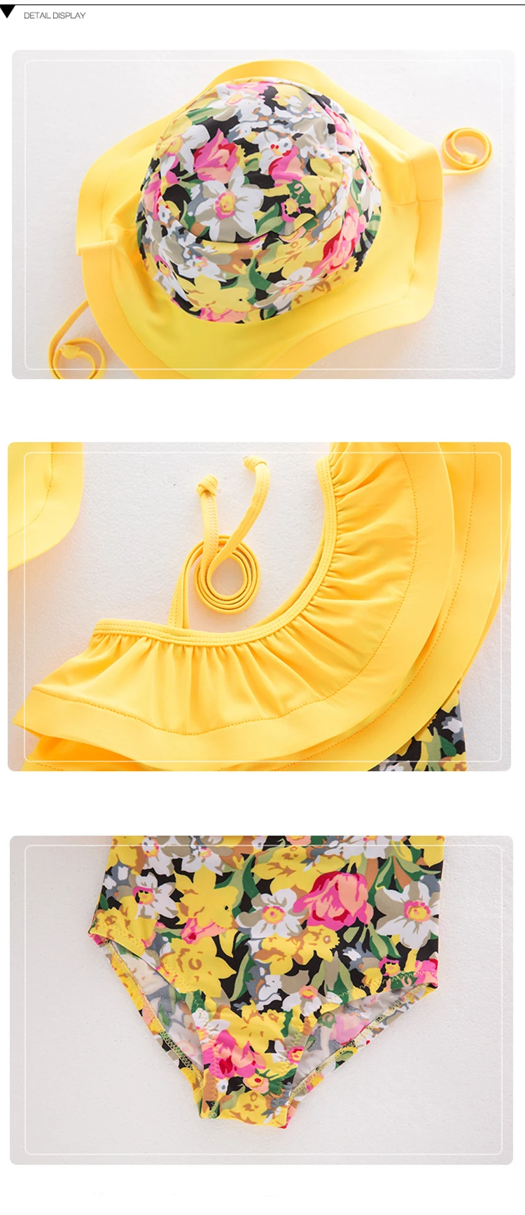 Детский ярко-желтый цельный купальник с цветочным принтом для девочек, пляжная одежда с оборками на одно плечо, подходящая шляпа