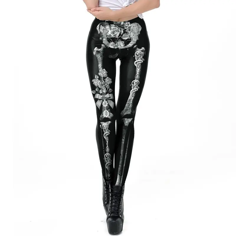

Sexy Club Punk Gothic Black Push Up Women Leggings Casual Autumn Thin Skull Floral Rivet Print Party Female Chic Goth Leggins