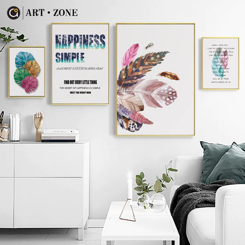 

ART ZONE Colour Feather Leaf Art Canvas Painting Letter Quote HAPPINESS SIMPLE Modern Art Home Decor Poster For Living Room