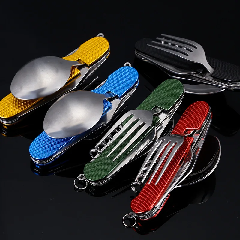 

4 in 1 Outdoor Tableware Camping Stainless Steel Folding Knife for Hiking Survival Travel Camping Cutlery Walking tableware